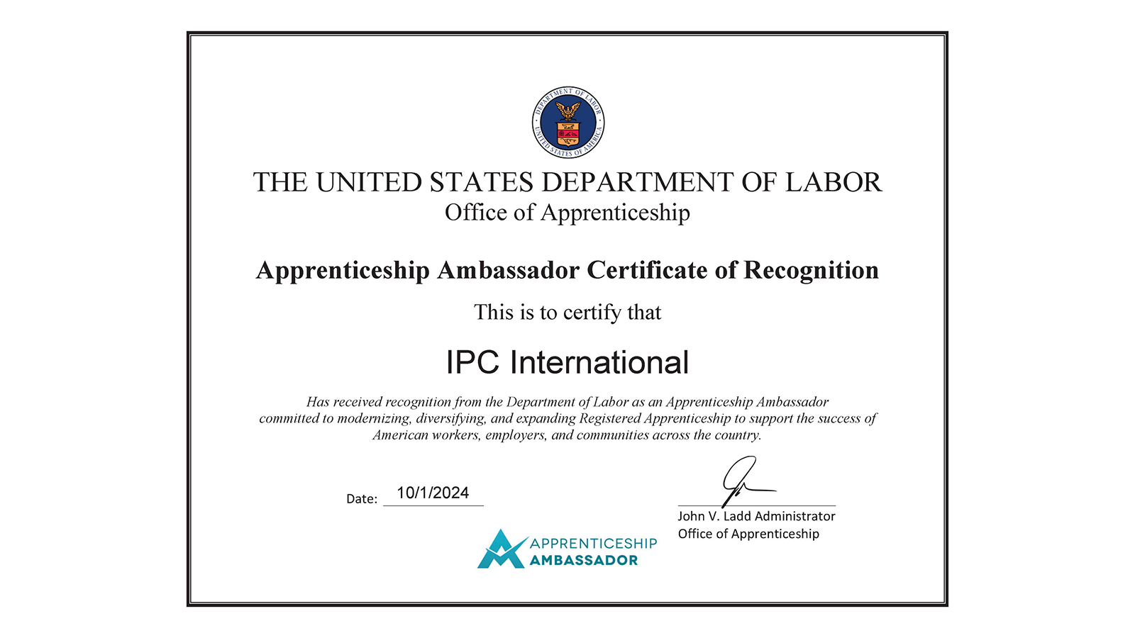 US Dept of Labor Apprenticeship Ambassador Certificate